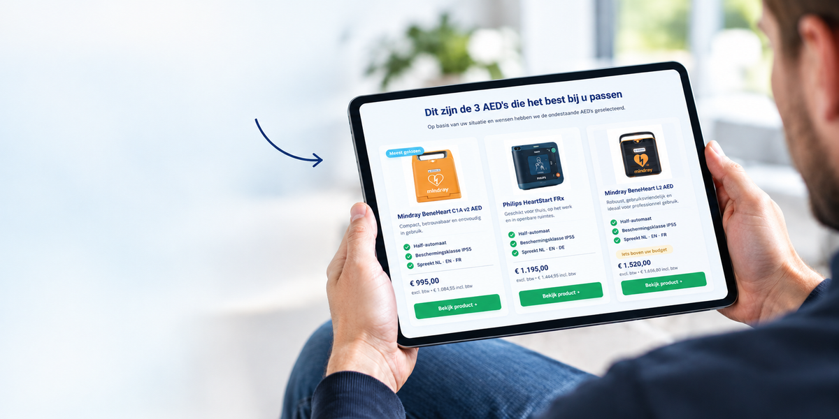 AED keuzehulp van AEDexpert op een tablet met het advies voor de juiste AED